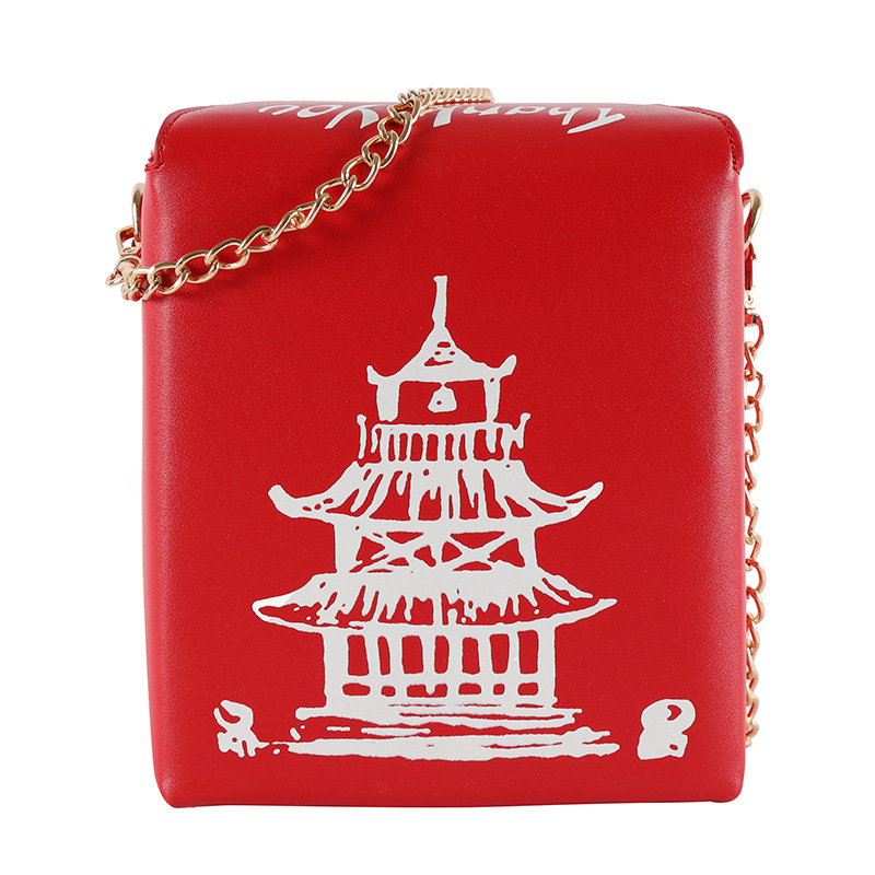 Foreign Trade New European and American Fashion Creative Chinese Style PU Chain Crossbody Bag Distinctive Red Tower Printed Shoulder Bag