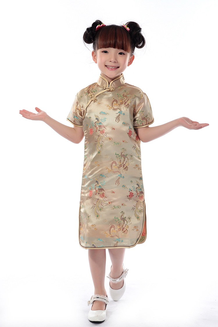 Middle-aged and Older Girls Princess Dress Chinese Style Foreign Style Kidsren's Tang Suit Dragon and Phoenix Summer Dress Girls Cheongsam Skirt