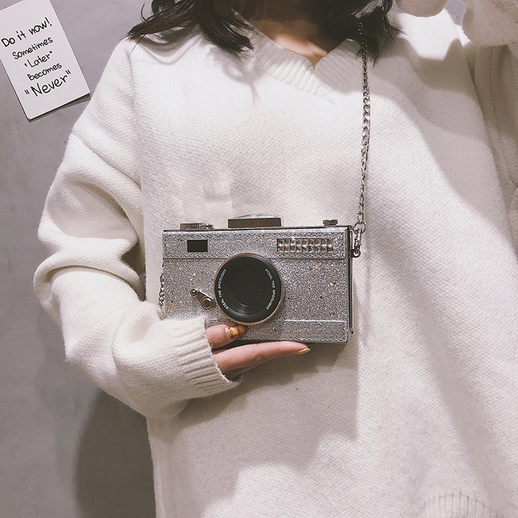 Foreign trade new fashion sequins personalized reflective laser frosted camera bag creative funny simulation camera Women's bag