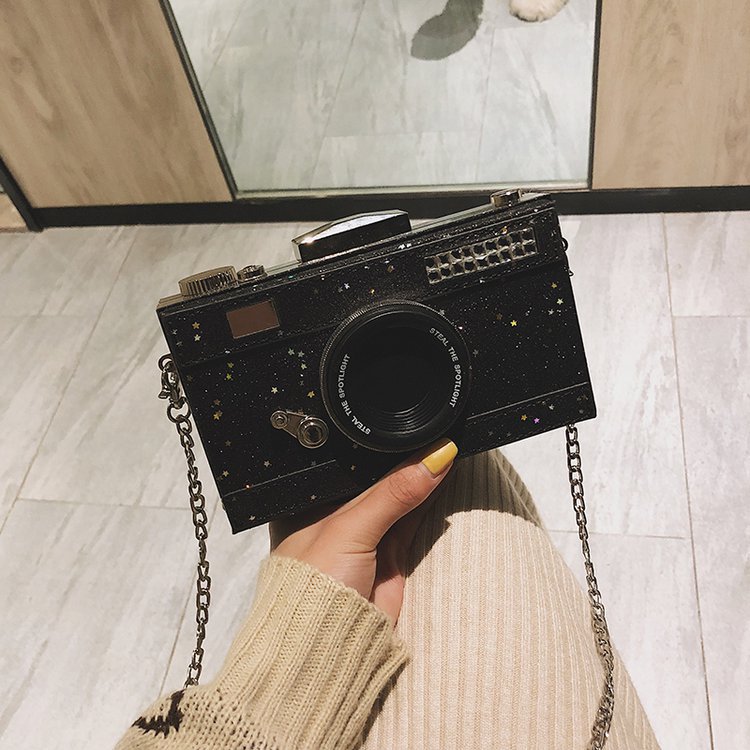 Foreign trade new fashion sequins personalized reflective laser frosted camera bag creative funny simulation camera Women's bag