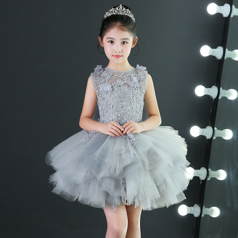 Girls Evening Dress Princess Dress Gray Model Catwalk Tail Wedding Dress Tutu Skirt Kidsren's Piano Performance Clothing Host