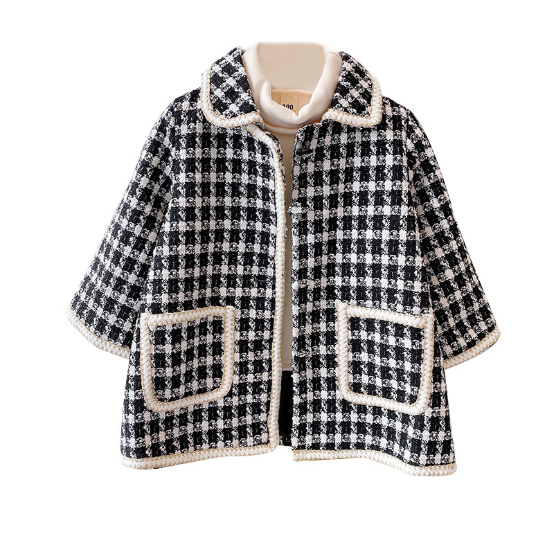 2025 Spring New Autumn Girls Tartan Coat Little Girl Autumn Coat Small Fragrance Style Mid-Length Korean Style