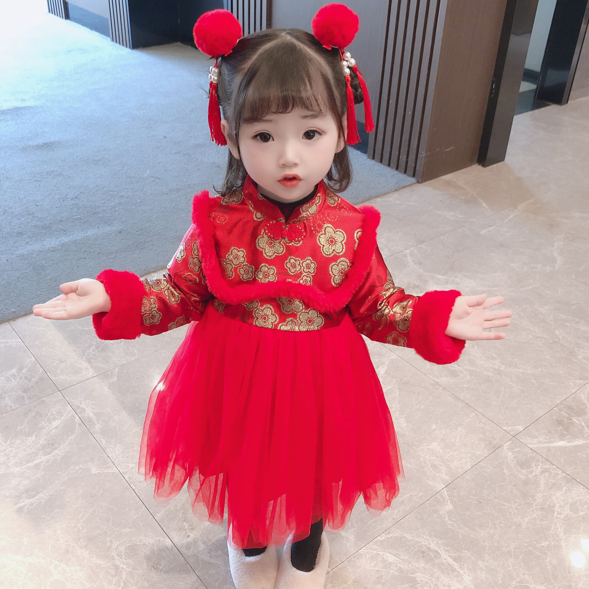 2936 Children's Clothing Baby's New Year Clothes Chinese Style Children's New Year Clothes Fleece-lined Cheongsam Dress Veil Dress Han Clothes