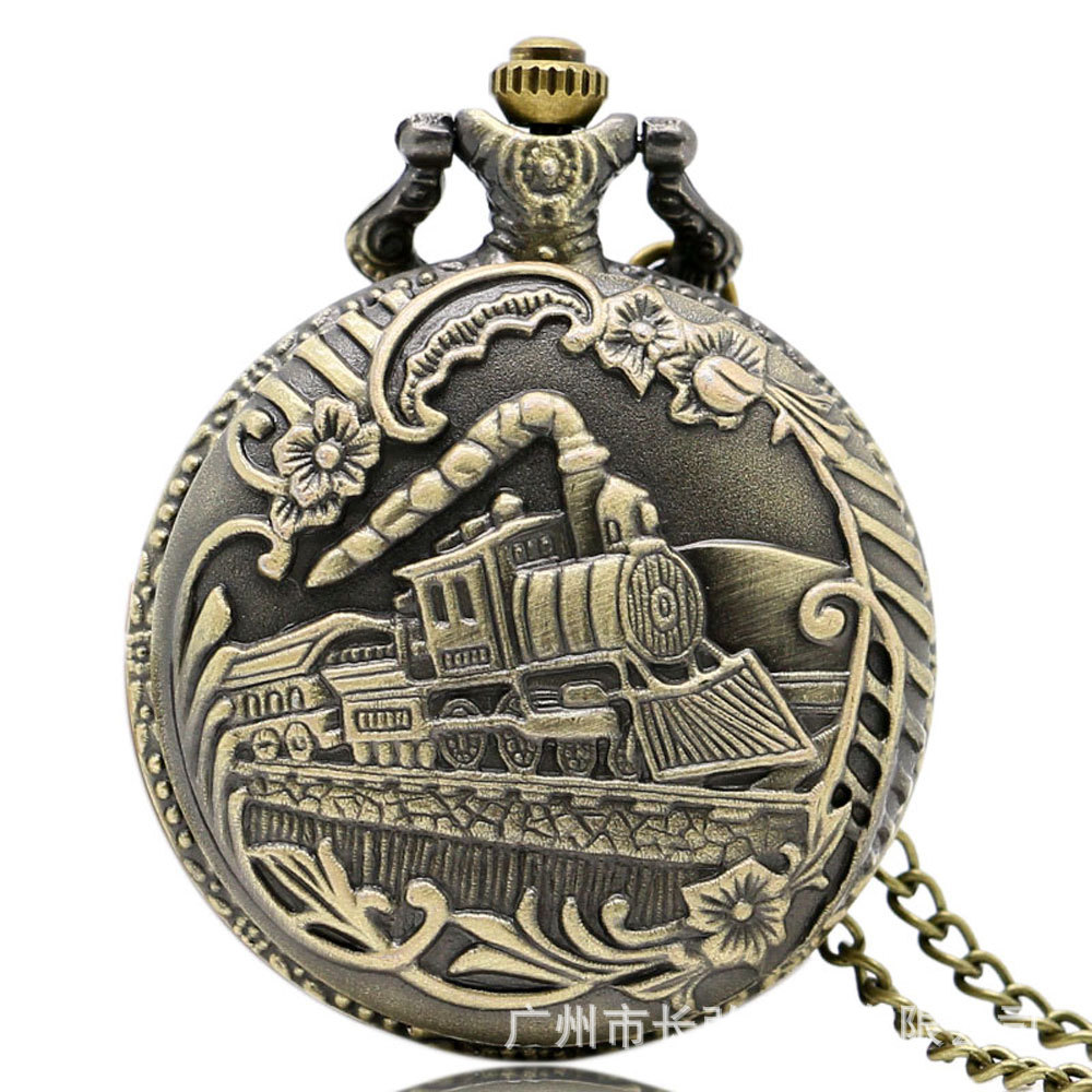 Тисненые локомотивные карманные часы винтажный трехмерный узор переворачивающиеся кварцевые часы-ожерелье унисекс путешествия памятные часы