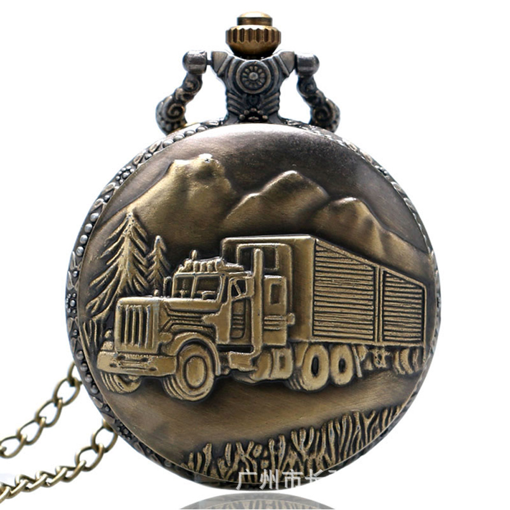 Embossed locomotive pocket watch vintage three-dimensional pattern flip quartz necklace watch unisex travel commemorative watch