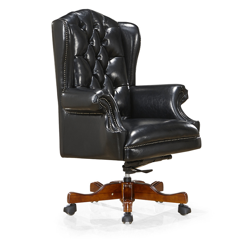 European Style Office Chair, Liftable and Rotatable Executive Chair, Genuine Cowhide Boss Chair, Classic Retro Swivel Chair Wholesale