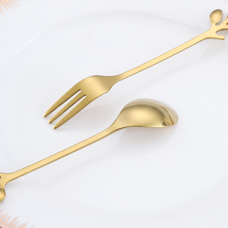Leaf-Shaped Stainless Steel Spoon and Fork, Gold-Plated, Creative and Cute, for Cake, Dessert Shop, Mooncake, Coffee, Western Food, Gift, Mixing, Wholesale