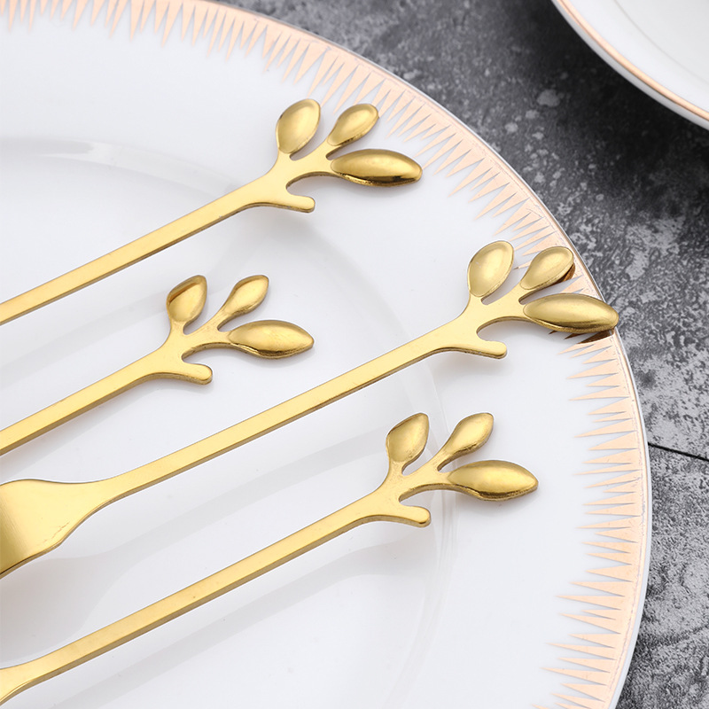 Leaf-Shaped Stainless Steel Spoon and Fork, Gold-Plated, Creative and Cute, for Cake, Dessert Shop, Mooncake, Coffee, Western Food, Gift, Mixing, Wholesale