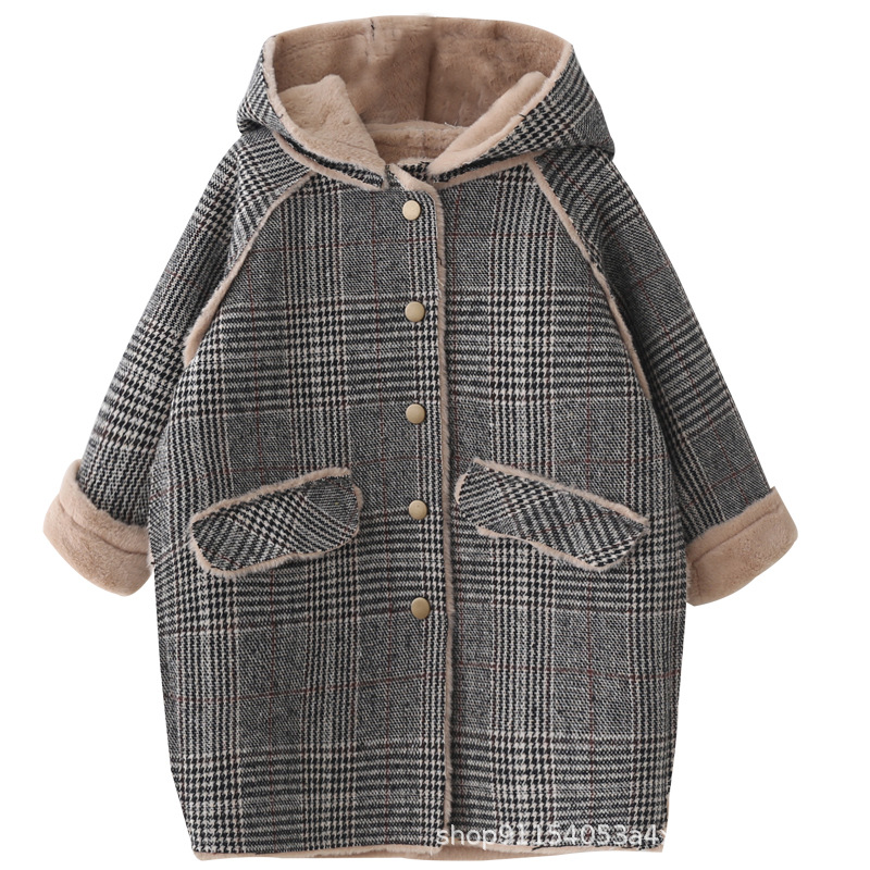 Girls' Woolen Outwear Autumn and Winter New Style 2025 Baby Girl Hooded Plaid Outwear Fleece-Lined and Thickeneded Kidsren's Mid-Length Woolen Outwear