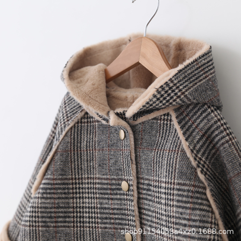 Девичья Шершавая Верхняя Одежда, Новая Модель Осень-Зима 2025, Плащ с Капюшоном в Клетку для Малышей, Утепленная и Утолщенная Верхняя Одежда