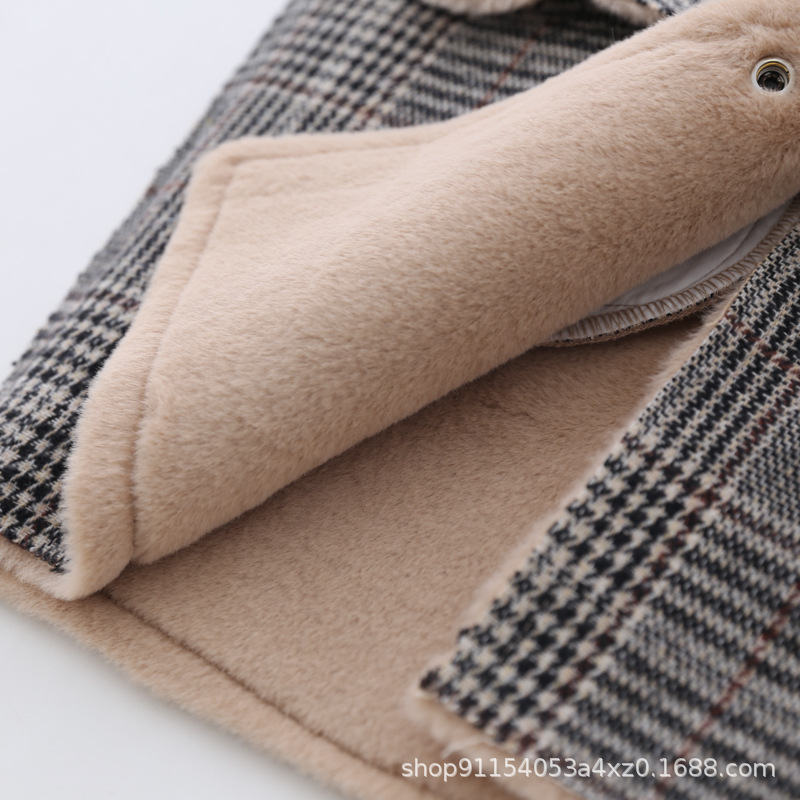 Girls' Woolen Outwear Autumn and Winter New Style 2025 Baby Girl Hooded Plaid Outwear Fleece-Lined and Thickeneded Kidsren's Mid-Length Woolen Outwear