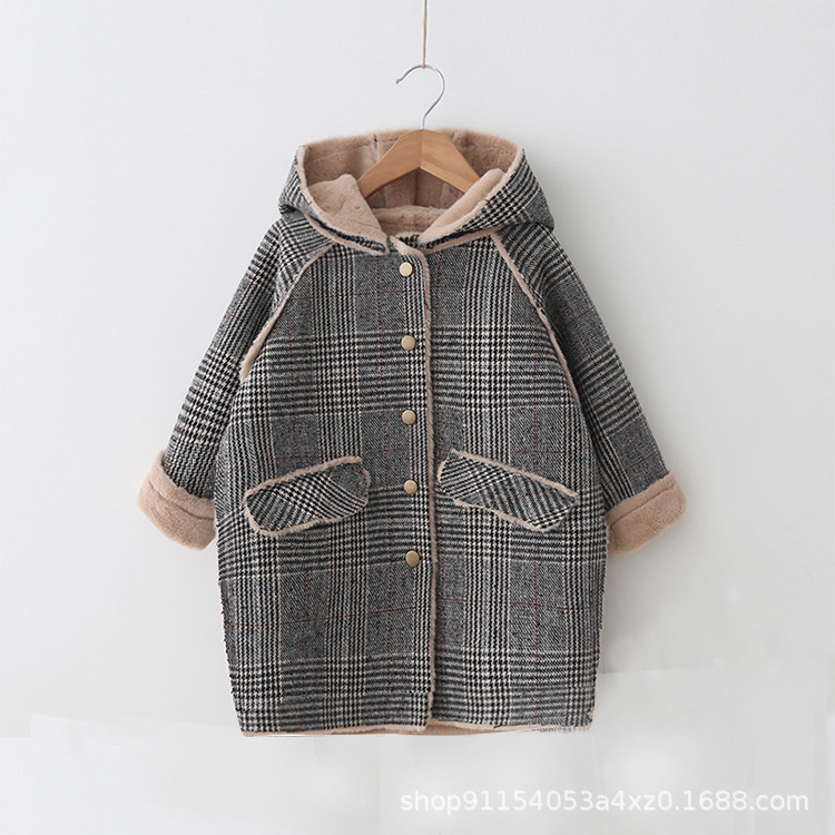 Girls' Woolen Outwear Autumn and Winter New Style 2025 Baby Girl Hooded Plaid Outwear Fleece-Lined and Thickeneded Kidsren's Mid-Length Woolen Outwear
