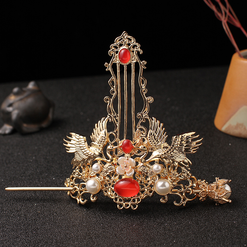Antique Hair Crown Chinese Clothing Accessories Hairpin Crane Simple Hair Hairpin Ancient Hair Accessories Disc Hair Headwear A Set of Hair Crown