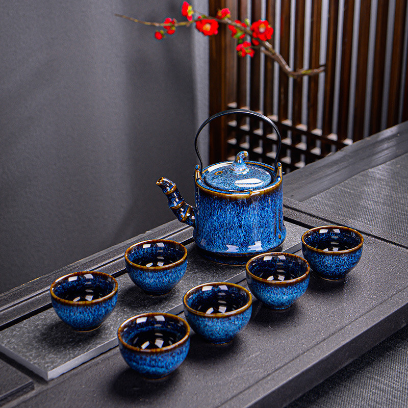 Creative Jun Kiln Kung Fu Tea Set Kiln Change Wire Drawing Home Business Activities High-end Ceramic Gift Wholesale Set