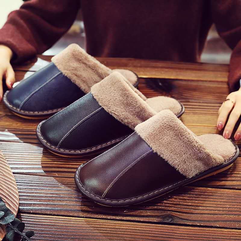 Haining cowhide slippers for men and women autumn and winter lovers non-slip home indoor floor warm leather cotton slippers wholesale