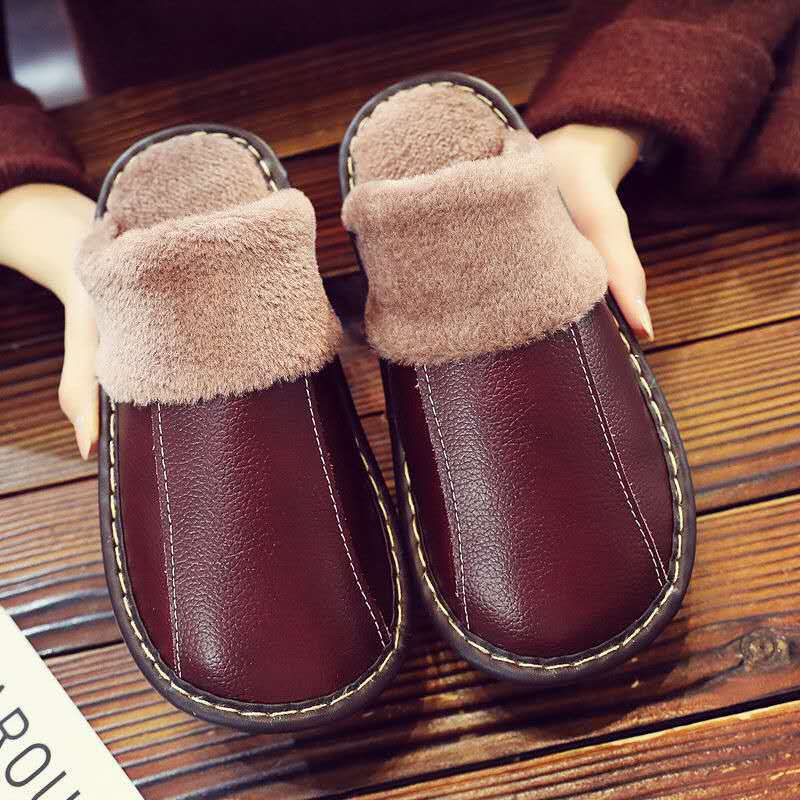 Haining cowhide slippers for men and women autumn and winter lovers non-slip home indoor floor warm leather cotton slippers wholesale