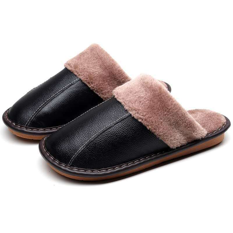 Haining cowhide slippers for men and women autumn and winter lovers non-slip home indoor floor warm leather cotton slippers wholesale