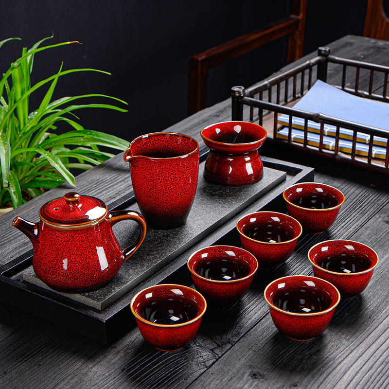 Creative Jun Kiln Kung Fu Tea Set Kiln Change Wire Drawing Home Business Activities High-end Ceramic Gift Wholesale Set
