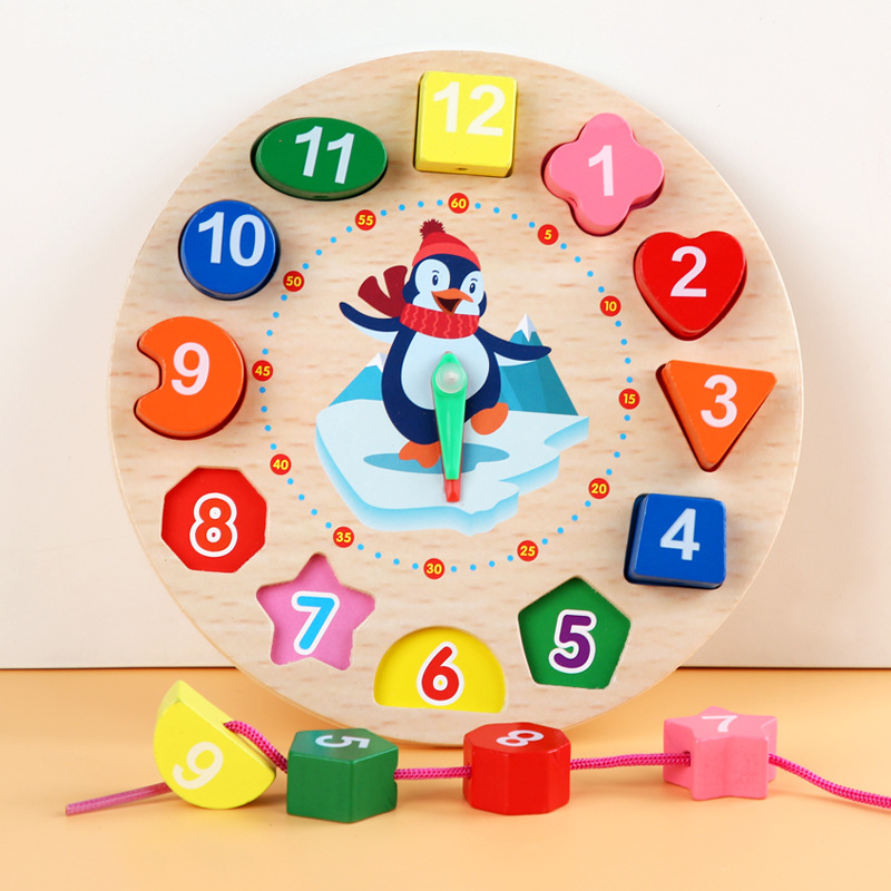 Children's Wooden Digital Beaded Penguin Clock Toddler Shape Matching Recognition Alarm Clock Educational Wooden Toy
