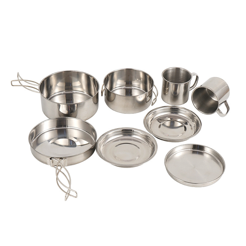 Outdoor Stainless Steel 8-Piece Pot Set for Mountaineering and Camping Portable Set of Bowls and Barbecue Pots for 5-6 People Foldableing Combination Set
