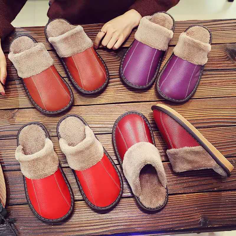 Haining cowhide slippers for men and women autumn and winter lovers non-slip home indoor floor warm leather cotton slippers wholesale