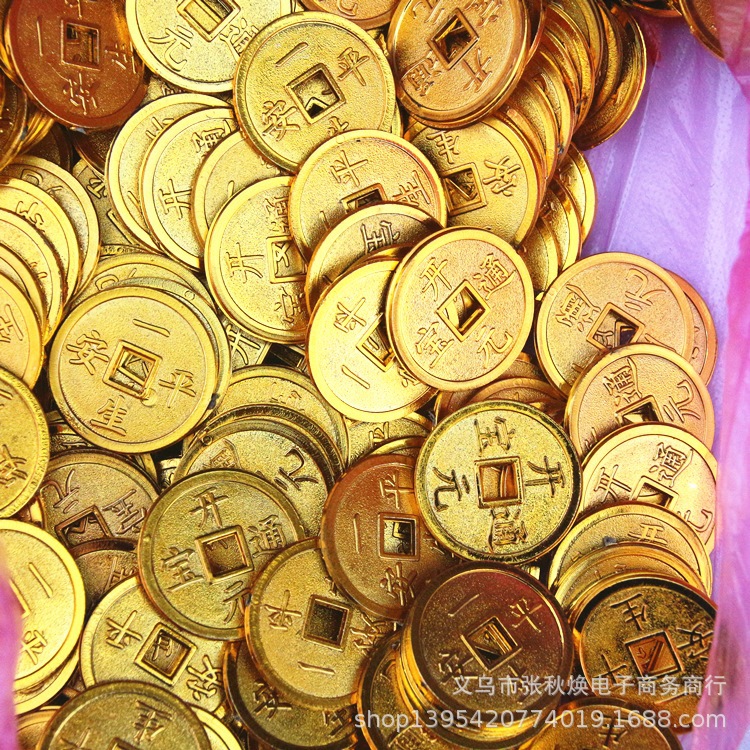 Gold-plated plastic small copper coin accessories decoration Wufu Linmen copper gold coin indoor plants festive Spring Festival supplies