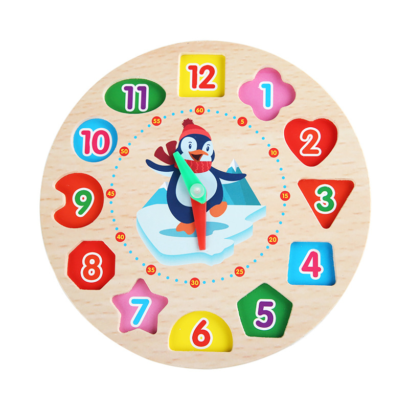 Children's Wooden Digital Beaded Penguin Clock Toddler Shape Matching Recognition Alarm Clock Educational Wooden Toy