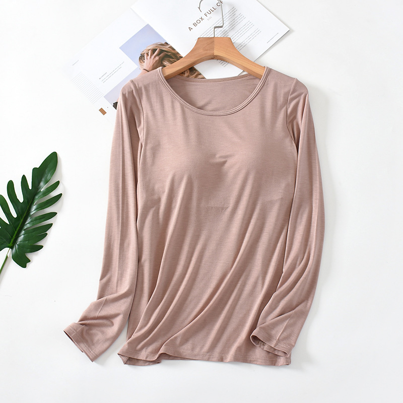 Cup One-piece Modal Long-sleeved T-shirt Women's Autumn and Winter Solid Color Crewneck Base Shirt Top Slim-fit Home Pajamas