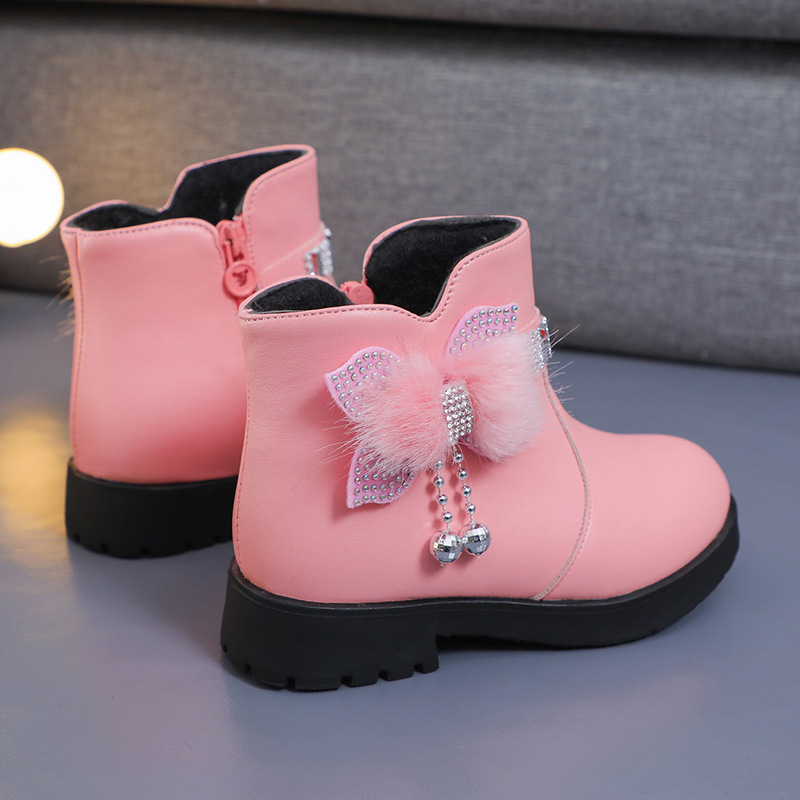 Children's Girls' Middle Tube Warm Leather Boots Baby's Bow Cute Cotton Shoes fleece-lined Winter New Student's Two Cotton Boots
