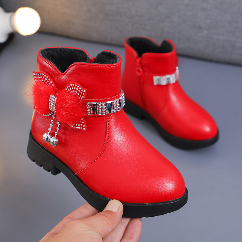 Children's Girls' Middle Tube Warm Leather Boots Baby's Bow Cute Cotton Shoes fleece-lined Winter New Student's Two Cotton Boots