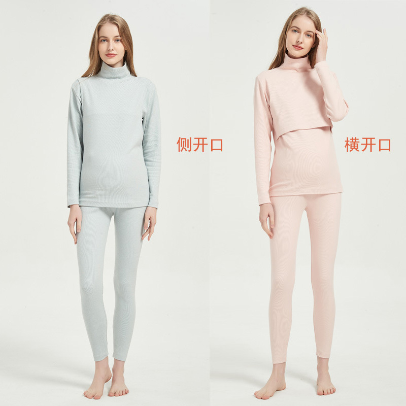 Colorful Cotton Soft Velvet Pregnant Women High Collar Autumn Clothes Nursing Tops Horizontal Opening Breastfeeding Confinement Autumn and Winter Pure Cotton Thickeneded Thermal Intimates
