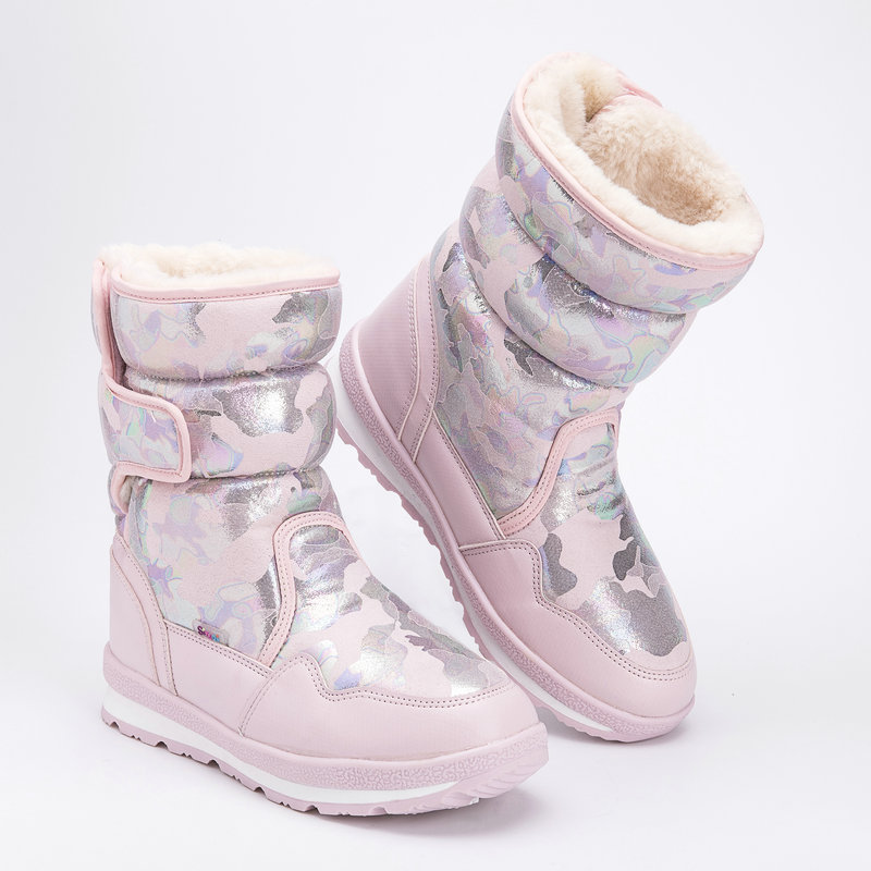 Детские зимние сапоги на липучках для мальчиков и девочек, средней длины, с флисовой подкладкой, утолщенные, водоотталкивающие, не скользящие хлопковые туфли