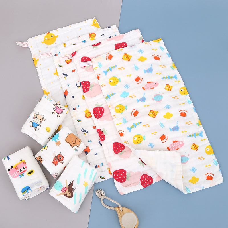 Children's towel six-layer cotton square towel six-layer gauze wash towel washed cotton children's towel printed water mouth towel wholesale