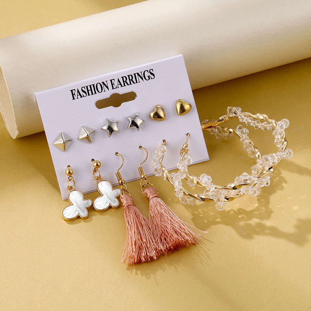 Korean Jewelry World Cross-Border New Earring Set Fashionable Simple Retro Acrylic Tassel Pearl Earring Set