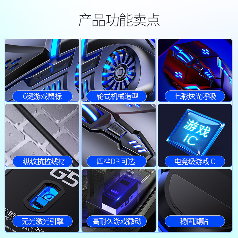 Silver Carving G5 Silent Mute Wired Mouse Six-button Luminous Game E-sports Mechanical Computer Accessories Cross-border Agency