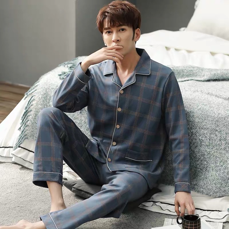 Хлопковые пижамы для мужчин осень и зима длинный рукав кардиган хлопок весна и осень большой размер домашняя одежда комплект