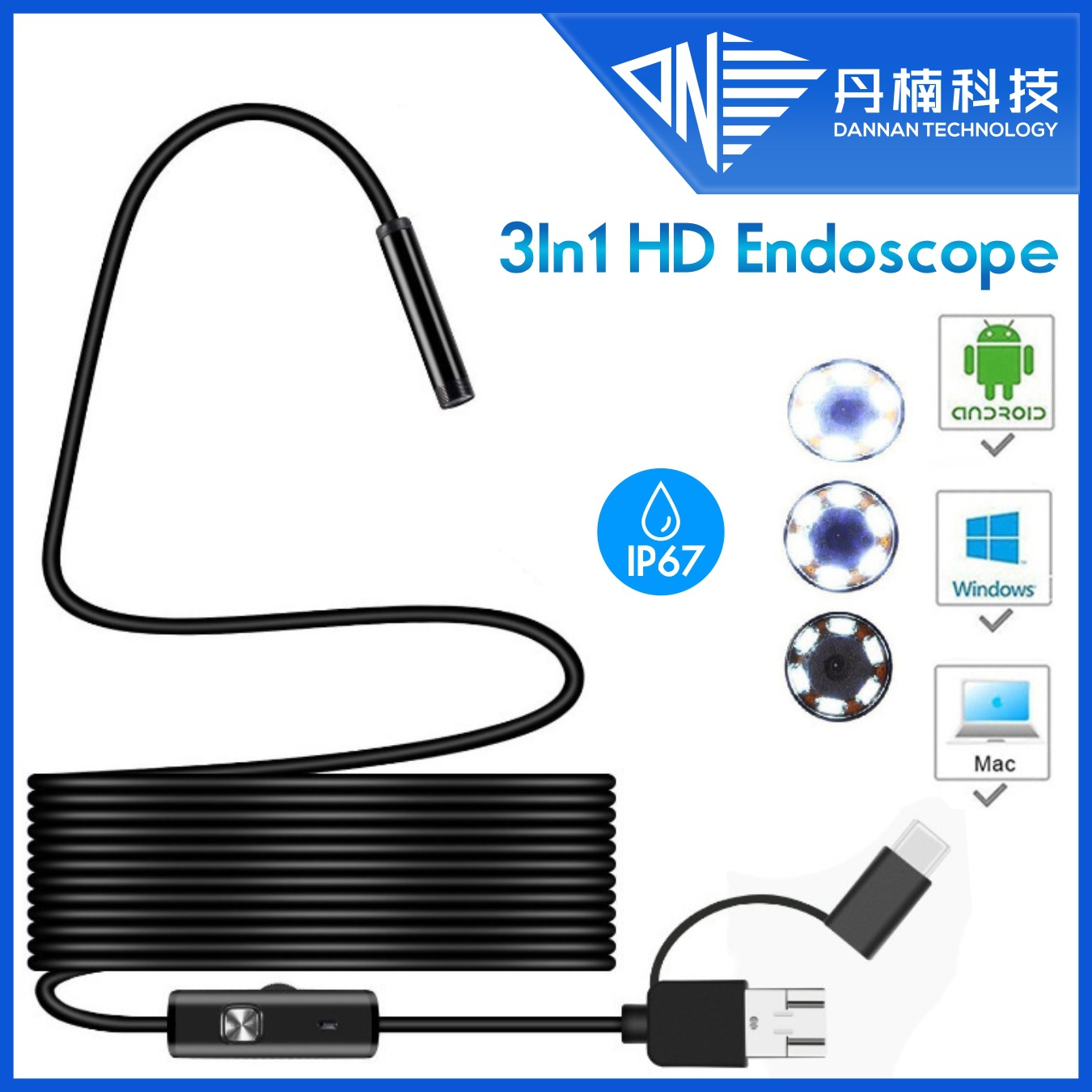Кросс-браузерный 5.5мм трехв-один мобильный телефон компьютерный эндоскоп с типом C, для трубопроводов автомобильного кондиционера