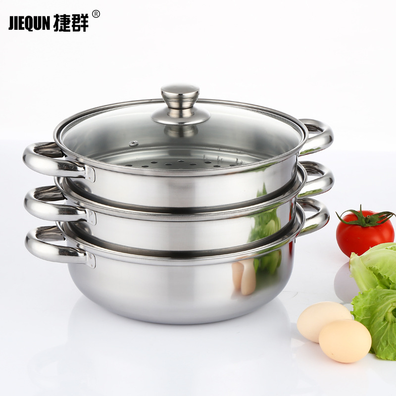 Stainless Steel Double-Layer Steamer Household Multifunctional Steamer Thickened Glass Lid Soup Pot Two-in-One Large Capacity Steamer