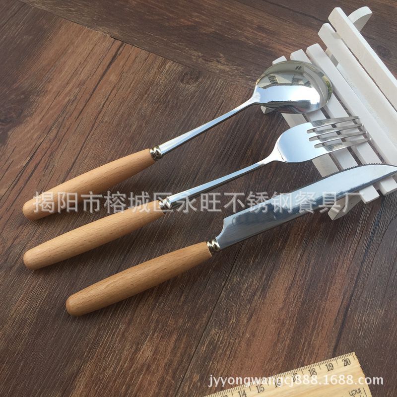 Beech Wood Insulated Wooden Handle Stainless Steel Cutlery Set, Coffee Spoon, Chopsticks, Fork Three-Piece Set, Breakfast Cup Gift Set