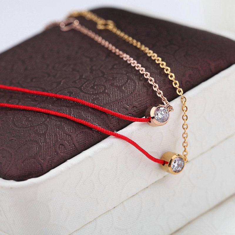 Year of the Monkey, Zodiac Year, Korean Fashion Single Diamond Thin Red Rope Anklet for Women, Transfer Titanium Steel, Gold-Plated