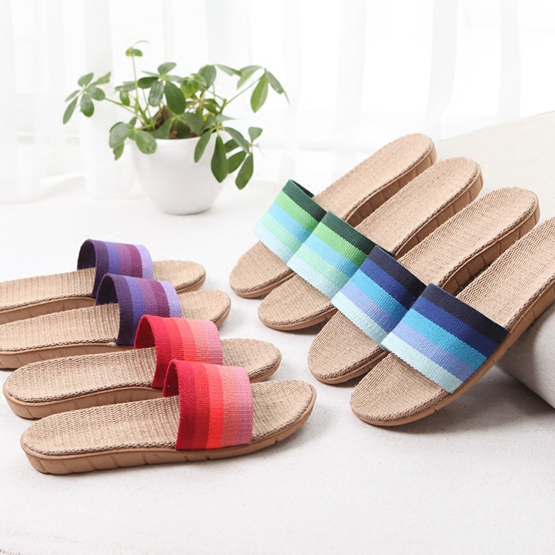 Linen Slippers Home Slippers Indoor Slippers Wooden Floor One-word Mute Non-slip Thick-soled Summer Slippers for Men and Women