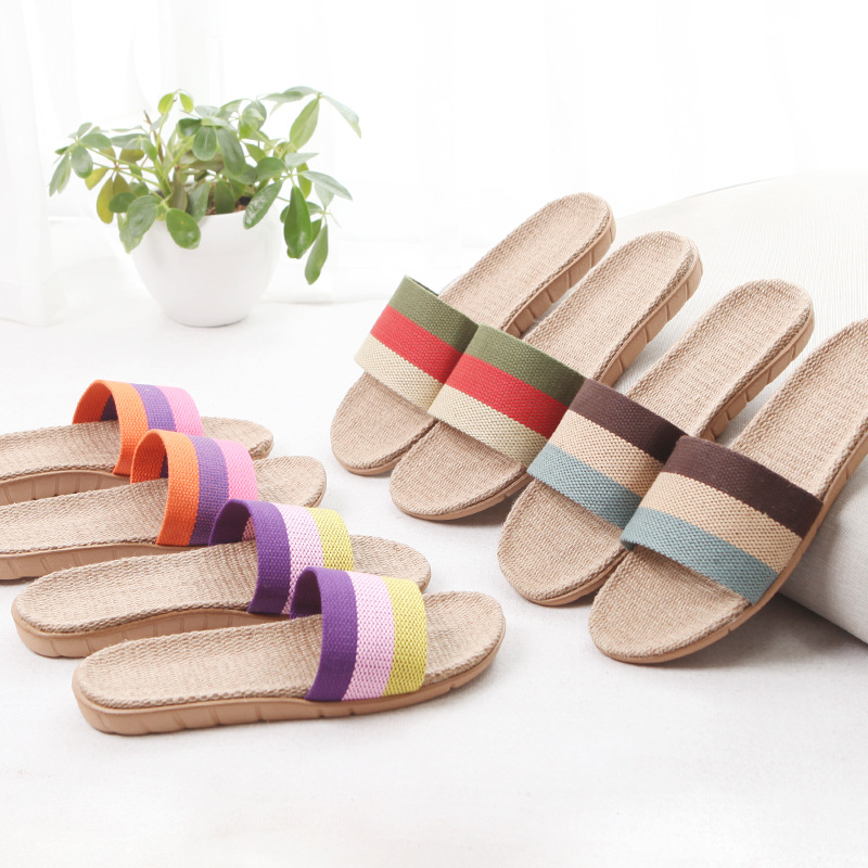 Linen Slippers Home Slippers Indoor Slippers Wooden Floor One-word Mute Non-slip Thick-soled Summer Slippers for Men and Women
