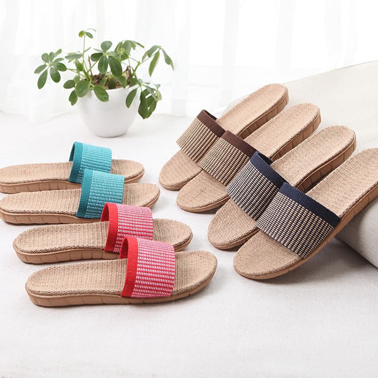 Linen Slippers Home Slippers Indoor Slippers Wooden Floor One-word Mute Non-slip Thick-soled Summer Slippers for Men and Women