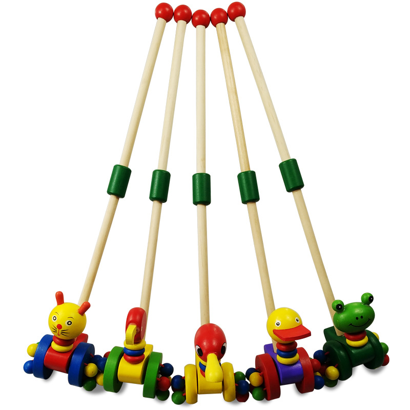 Street Stall Hot Selling Infant Cartoon Animal Stroller Wooden Single Pole Folding Push Baby Toddler Toy Car