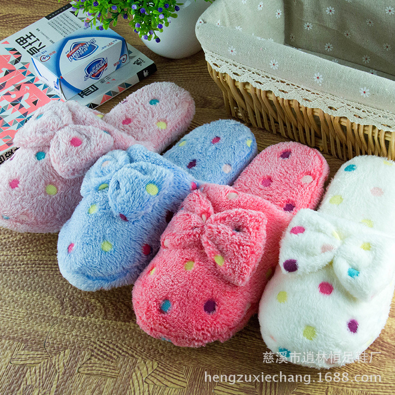 Winter color polka dot bow floor cotton slippers warm plush home cotton slippers Cixi manufacturers wholesale