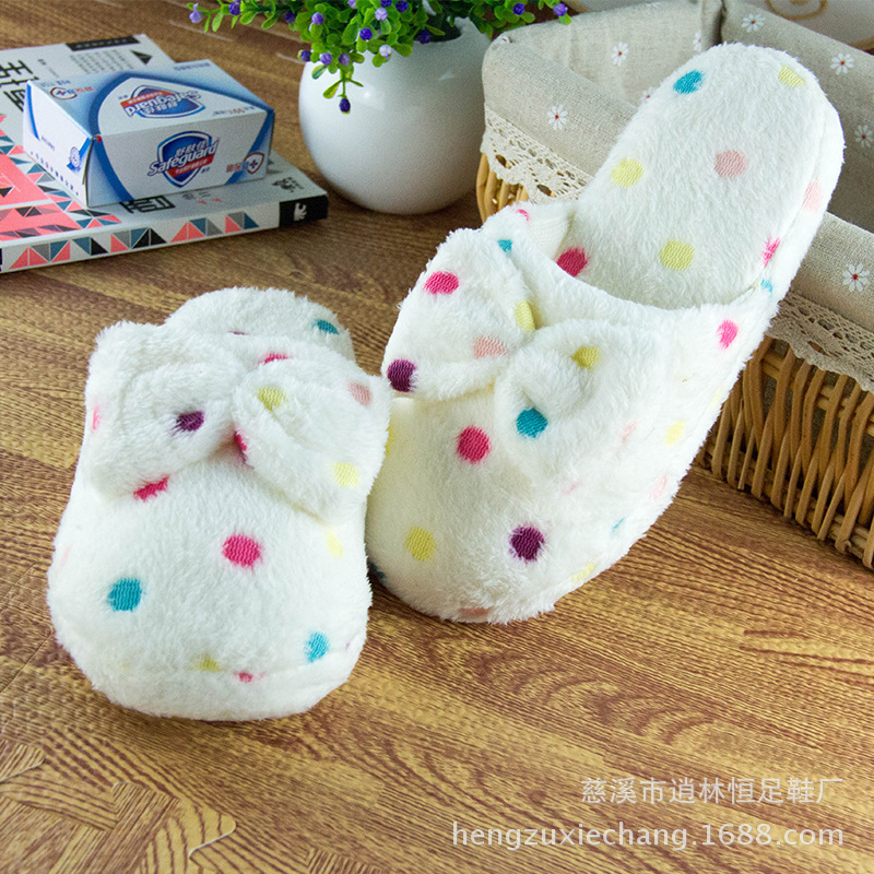 Winter color polka dot bow floor cotton slippers warm plush home cotton slippers Cixi manufacturers wholesale