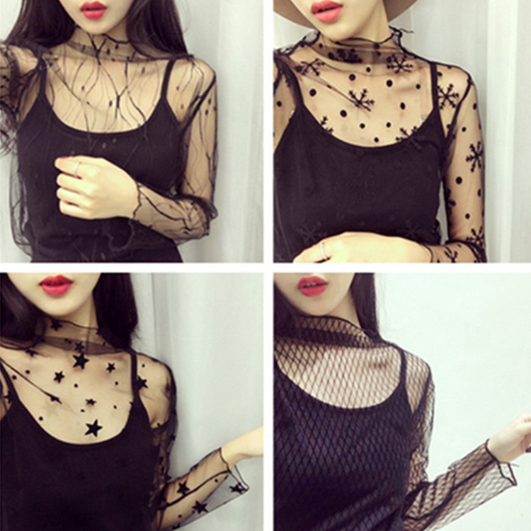 New Spring and Summer Mesh Base Shirt Women's Fishing Net Mesh Shirt Perspective Sexy Small Collar Long Sleeve Lace Shirt