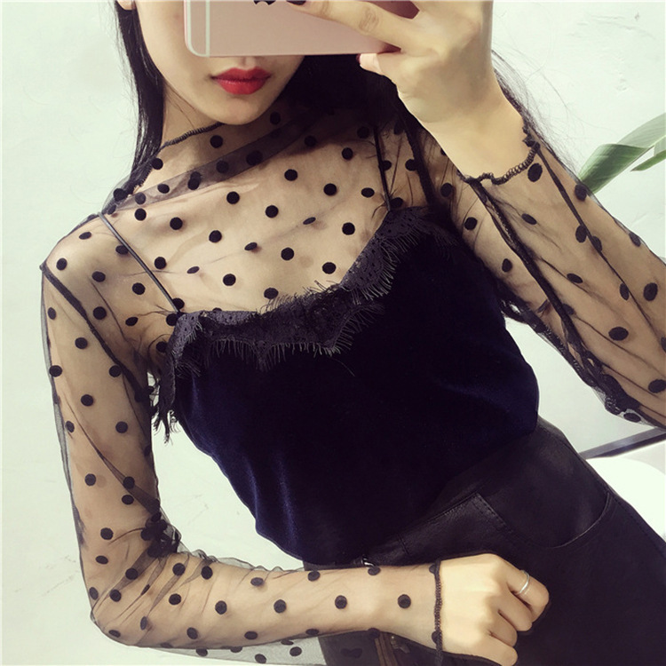 New Spring and Summer Mesh Base Shirt Women's Fishing Net Mesh Shirt Perspective Sexy Small Collar Long Sleeve Lace Shirt