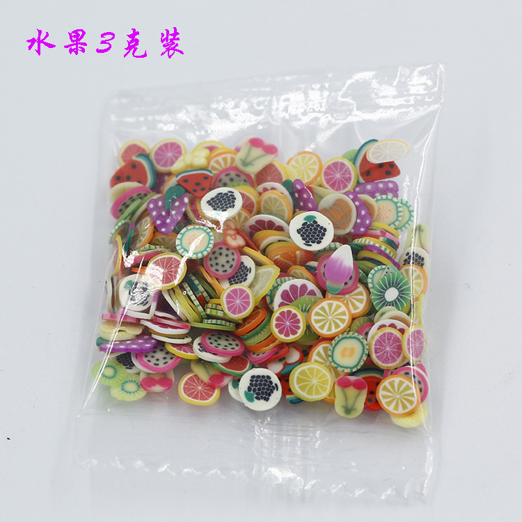 Foreign trade hot nail jewelry soft pottery fruit cartoon mixed soft pottery 3 grams beauty patch 250PCs