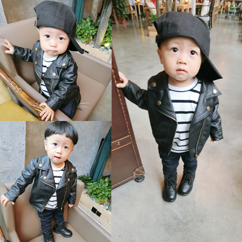 Boys Pu Lapel Leather Jacket Spring Ins Spring Kidsren's Clothing Kidsren's Korean Style Outwear Kidsren's Baby Short Leather Jacket